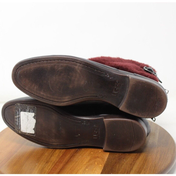 UGG Australia Women's Black Leather Burgundy Sheepskin Foldover Boots‎ Size 7.5 - Picture 7 of 12